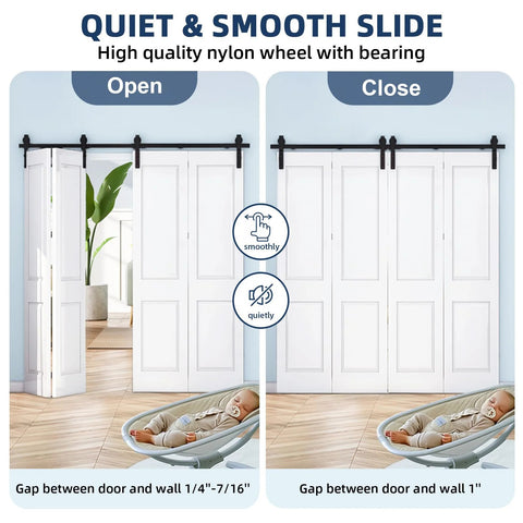 Beefed Up Bifold Barn Door Hardware Kit For Four Doors Side Mounted Black J Shape Rollers Heavy Duty Steel Supports Up To 400 Lbs Six Foot Track Silent Operation And Smooth Glide For Everyday Home Use