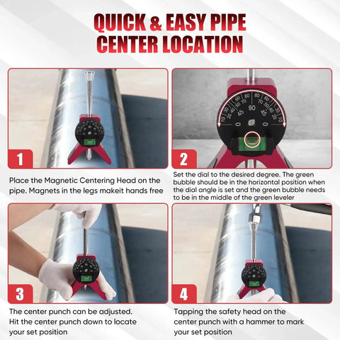 Instructions for using Pipe Center Finder With Centering Head For Pipe Fitting Measures Diameter Over 0.5 Inches 4 Inch Y Type Base Adjustable Dial Bubble Protractor Ideal Tool For Centerlines Angles Butt Ins And Tank Work