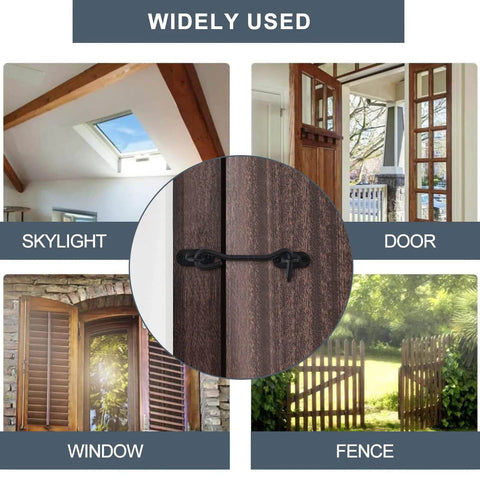 4 Piece Stainless Barn Door Lock Gate Hardware Kit With 6 Inch Sliding Latch And Eye Hook Heavy Duty Rust Resistant Gate Latch shown installed on various doors and windows