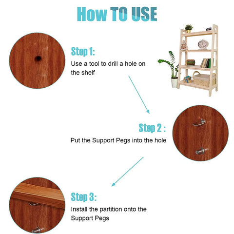 Installation steps for Upgraded 4 Styles Shelf Pins Kit With 5mm And 1/4 Inch Nickel Shelf Support Pegs for cabinets and bookshelves.