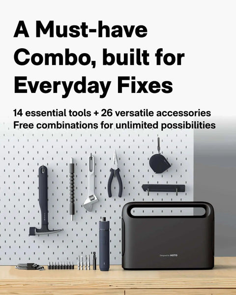 40 Piece Tool Kit With Smart Electric Screwdriver LED Light And Three Torque Settings For Home Repairs And DIY Projects Pro Grade Compact Organizer displayed on pegboard with tools arranged and storage case on a table.