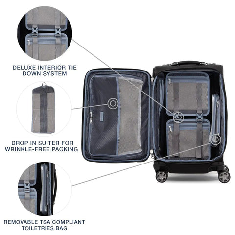 Interior view of Platinum Elite Softside Expandable 21 Inch Carry On Luggage with tie-downs, suiter, TSA bag, Shadow Black, Travelpro.