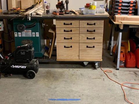 Workshop setup with drawers featuring Fifteen Pack Premium Black Door Pull Handles Five And Three Quarter Inch Utility Pulls
