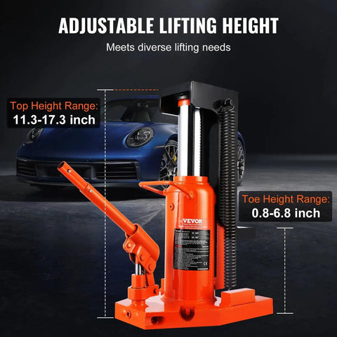 Front view: VEVOR hydraulic toe jack, orange steel automotive lift with toe height 0.8–6.8 in and top height 11.3–17.3 in