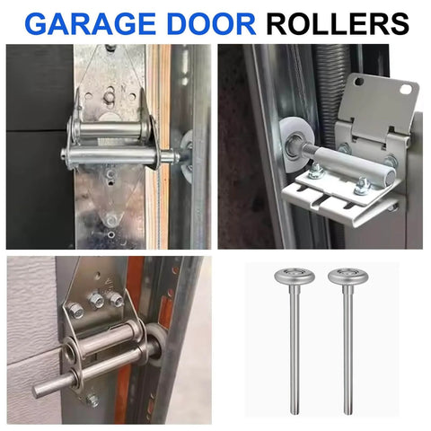 Beefed-Up 1.8-Inch Steel Garage Door Rollers Set For 2-Inch Track Replacement, showing front and installed views on track.