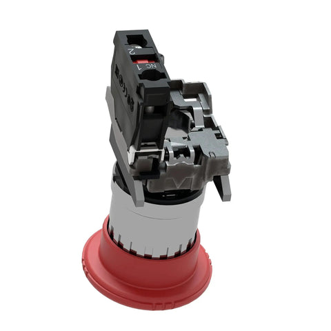 Harmony XB4 Emergency Stop Push Button Switch for 22mm panel cutouts with latched turn to release, 1NC contacts, chromium bezel, 40mm head.