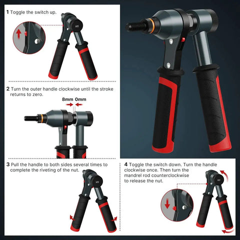 Rivet Nut Tool Kit With Ratcheting Mechanism And Quick Change Mandrels For Fast Installations shown with usage instructions.