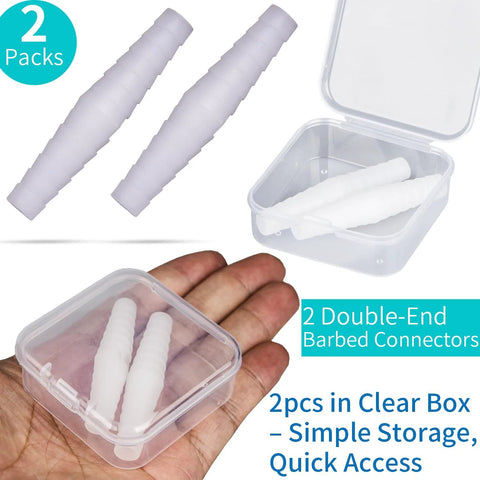 Enema tube hose connectors, white polypropylene, 7-12 mm ID, double-ended barbed adapters, 2-pack in clear case