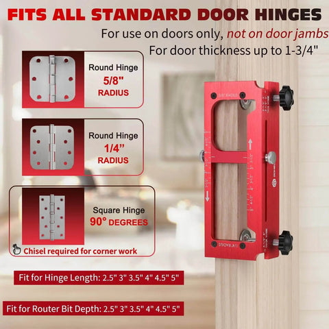 Pro Grade Aluminum Door Hinge Jig Template Kit For Router, Adjustable Mortise Jig fits door hinges 2.5 to 5 inches, red anodized 6061 aluminum.