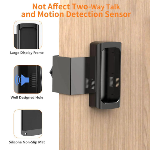 No Drill Anti Theft Video Doorbell Mount for Quick Setup in Apartments and Homes Works With Most Video Doorbells Indoors Or Outdoors Keeps Your Doorbell Safe From Theft Fits Doors From Point Six To Two Point Three Inches Thick Black shown installed on a wooden door with motion detection sensor.
