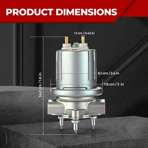 12V Inline Fuel Pump High Flow 50GPH Universal 4-6 PSI dimensions with 1/4 Inch NPSF Ports, silver metal unit, front view