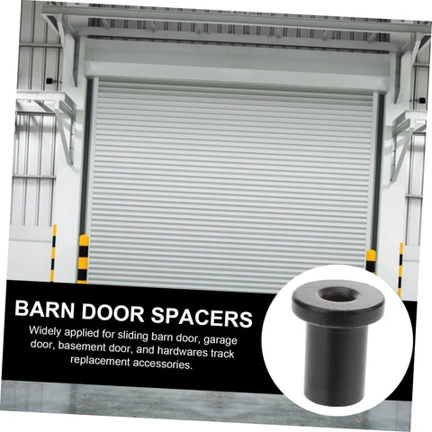 5 Pcs Black Sliding Barn Door Track Spacers Replacement Hardware Kit For Wall Rail Connection Built For Garage Basement And Farm Doors Durable Easy Install With Smooth Polished Surface, shown in front of a garage door.