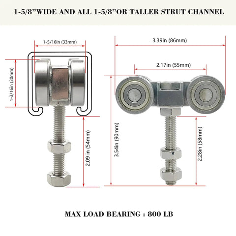 Heavy Duty Four Wheel Trolley Assembly With Silent Bearings And Hidden M10 Bolt For 1-5/8 Inch Or Taller Strut Channel Pack Of 2 Silver