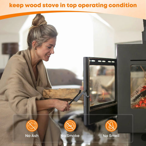 Stanbroil wood stove gasket kit, graphite-impregnated fiberglass rope, 5/8 x 1/8 x 84, with a person loading wood.
