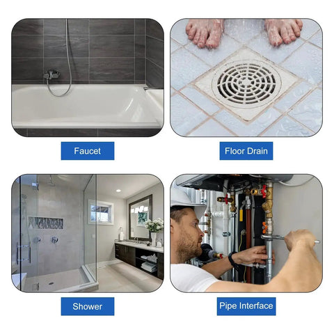 Collage of a bathtub faucet, tiled floor drain, modern shower, and a person working on a pipe interface.