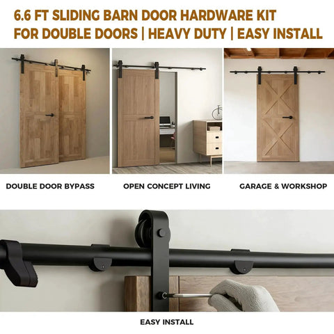 Heavy Duty Barn Door Hardware Kit With 200cm Rail System, Industrial Grade Steel Track And Quiet Nylon Rollers, Supports Up To 330 Lbs, shown installed on interior doors