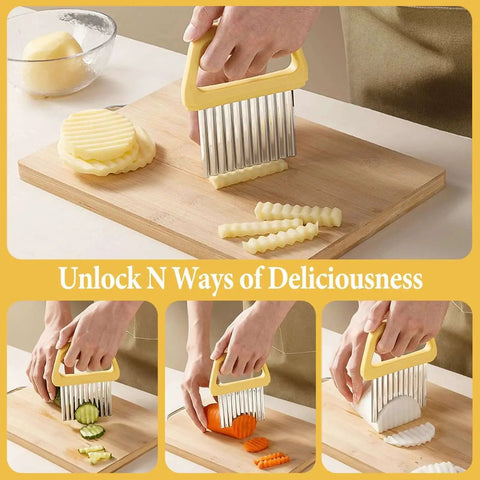 Crinkle French Fry Cutter Wave Slicer For Potatoes Portable Stainless Steel Cutter With Large Wide Blade And Blade Cover in use