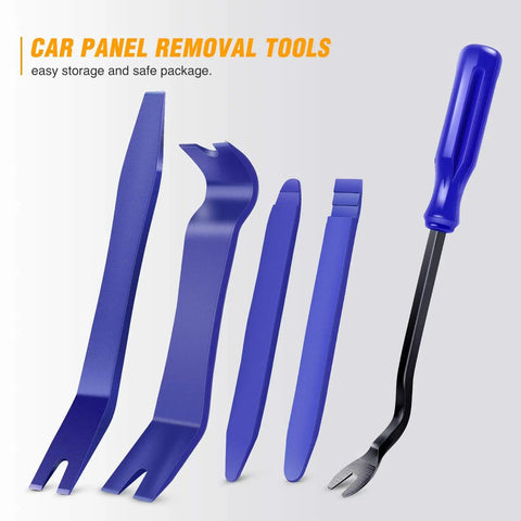 Auto Trim Removal Tool Kit 5 Piece No Scratch Pry Set for Car Door Panels and Dashboard Clips Dismantle Easy Includes Fastener Remover and Nylon Construction for DIY Car Repair showing five blue nylon tools.