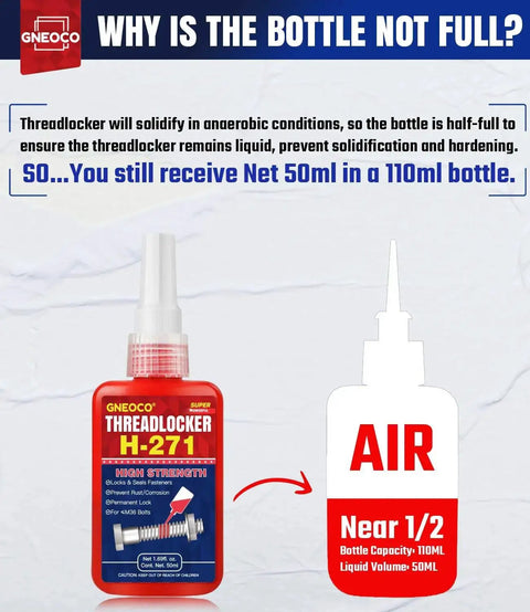 Heavy Duty Red Thread Locker For Nuts Bolts And Metal Fasteners, High Strength Lock Tight Adhesive That Prevents Loosening And Rust, Anaerobic Cure For Quick Bond, Easy 20 Minute Initial Cure, Long Lasting Protection, 50ml H271 partially filled in 110ml bottle for preservation.