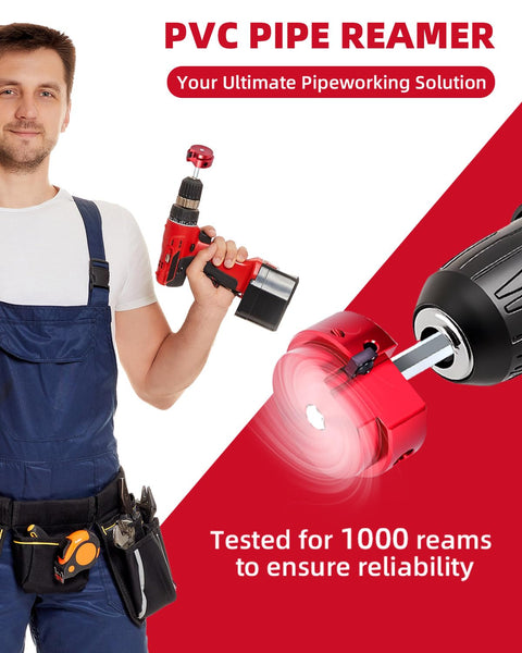 ERAYCO 3/4-inch PVC pipe reamer tool, red handheld fitting saver shown with a drill
