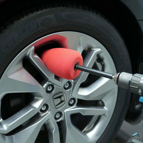 Cylindrical Drill Polishing Tool For Wheels And Hubs With Foam Sponge Pads in use on car wheel for mirror finish