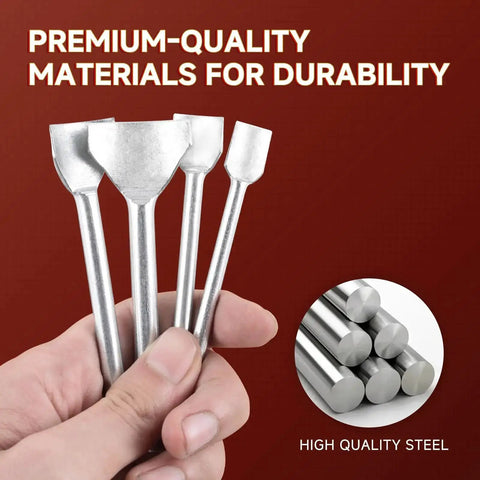 Hand holding 7 Piece Pro Grade Leather Craft Tools Arc Shaped Quarter Circle Punch Set with edge cutters for belt and bag making.
