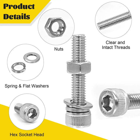 Mega M2 Hex Socket Head Cap Screw Set 1260 Pieces Stainless Steel 304 Includes M2 Bolts In 4mm 6mm 8mm 10mm 12mm 16mm 20mm Hex Nuts Flat And Spring Washers With Mini Wrench For 3D Printers Electronics RC DIY CNC close-up view