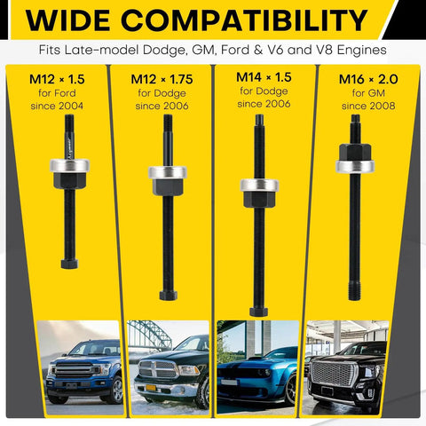 Compatibility chart for Five Piece Long Reach Harmonic Balancer Installation Tool Kit With Extended Forcing Rods fitting Ford, Dodge, GM engines.