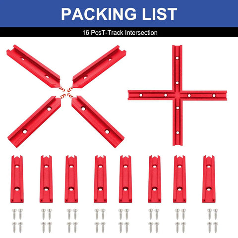 Pro Grade T Track Intersection Kit for Woodworking with Screws, Universal Double Cut Jig Profile T Tracks Red Finish 4 Inch