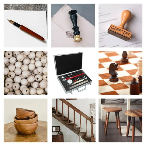 Collage of various items including a pen, chess set, stairs, and wood bowls.