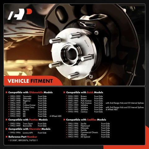 Front Left & Right Hub Assembly Pair with ABS Sensor and 5-Lug Wheel Bearings, compatibility chart for Buick, Cadillac, Chevrolet