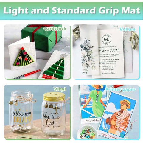 Two Pack 12x12 Cutting Mats for Cricut Machines with Light Grip and Standard Grip Replacement Mats Set, showcasing cardstock, vellum, vinyl, and printer paper projects.