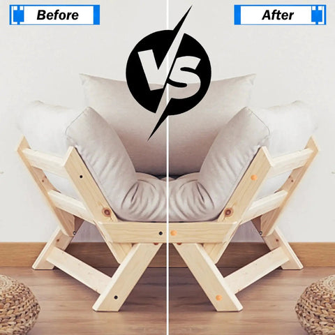Chair with visible holes before and after using 150 Piece Wood Plugs Assortment Kit With Four Sizes 3/16 Inch 5/16 Inch 3/8 Inch And 1/2 Inch For Holes In Furniture Tables Chairs Cabinets And Outdoor Equipment Made From Premium Schima Wood.