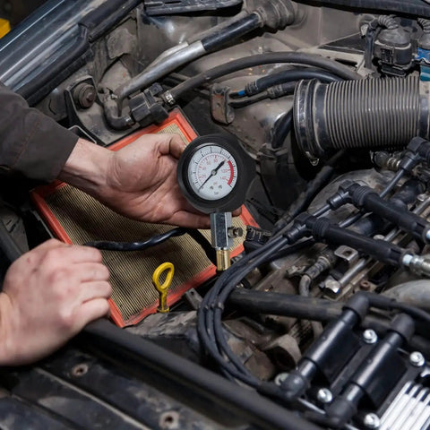 Using Oil Pressure Tester Kit For Cars ATVs And Trucks With 0 To 140 PSI Mechanical Gauge on engine for diagnostics.