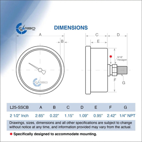 Technical drawing of two and a half inch liquid filled pressure gauge with dimensions, back mount NPT, 0-30 PSI, for oil water air hydraulics.