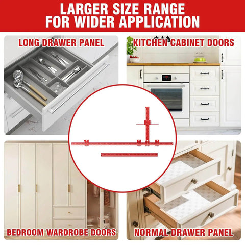 Visual guide on using the Time Saving Cabinet Hardware Jig Kit With Dual 32 Inch And 16 Inch Sizes for various cabinet installations