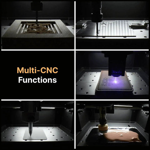 Out Of The Box Desktop CNC Router With Enclosure For Wood And PCB Milling Auto Z Probing WiFi And App Control Plug In And Carve Easy Great For Polishing Drawing Hobby Woodworking And Light Metal Projects showcasing multiple functions