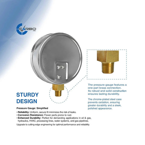 4 Inch Chrome Plated Steel Case Dry Vacuum Pressure Gauge With Lower Mount One Quarter Inch NPT Minus 30 InHg To 30 Psi Dual Scale InHg And Bar With KPa Guidance ASME B40.1 Grade B Accuracy For Oil Water Air Hydraulic HVAC Gases And Liquids