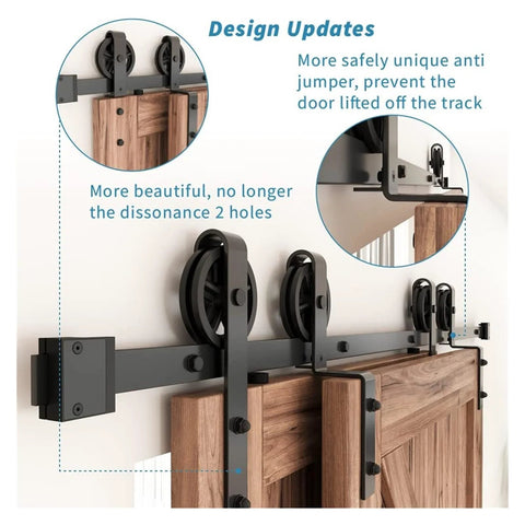 Antique Style Bypass Sliding Barn Door Hardware Kit with black top mounted tracks and rollers installed on wooden door