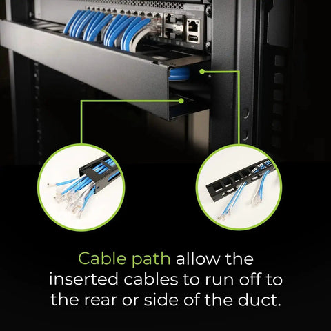 1U 19 Inch Horizontal Cable Management Duct with blue cables, removable cover, and pass-through slots in server rack
