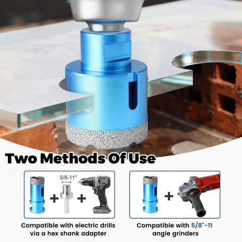 Diamond Hole Saw Kit for Tile 12 Piece Set installation with electric drill on glass and stone surface, showing dual use.