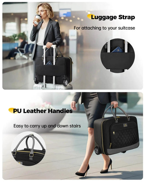 Underseat Rolling Briefcase For Travel And Work shown on luggage with PU leather straps and luggage strap detail, fits 17.3 inch laptop.