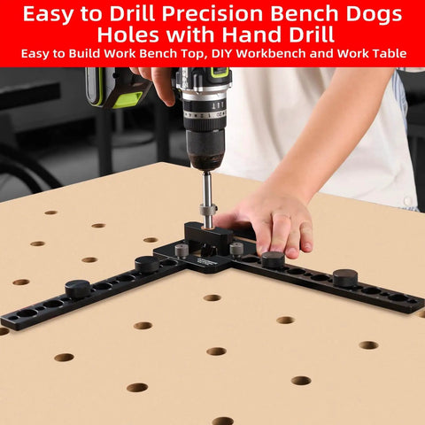 Go-To Precision 20mm Bench Dog Hole Drill Guide And Template for accurate hole drilling on a workbench with hand drill.