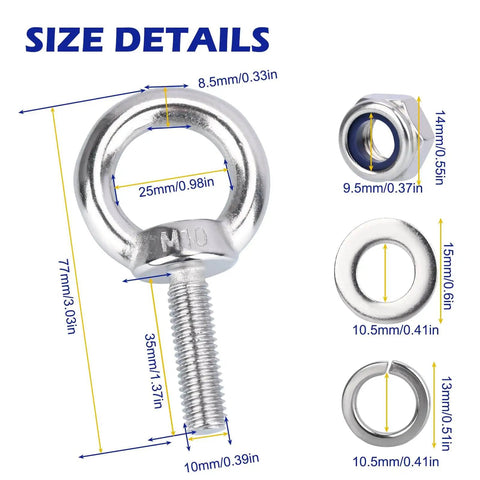 Set Of 8 M10 Eye Bolts With Nuts And Washers, 304 Stainless Steel Built Tough Heavy Duty Lifting Rings, dimension details shown
