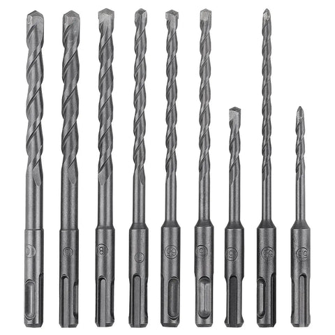 Front view of carbide-tipped SDS-Plus rotary hammer drill bit set YOUGFIN 17 pieces built tough for concrete, stone, brick, masonry.