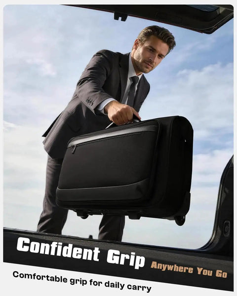 Man lifting Rolling Garment Bag For Travel With Built In Hanging Hook And Wheels Boss Level Carry On Luggage with confident grip