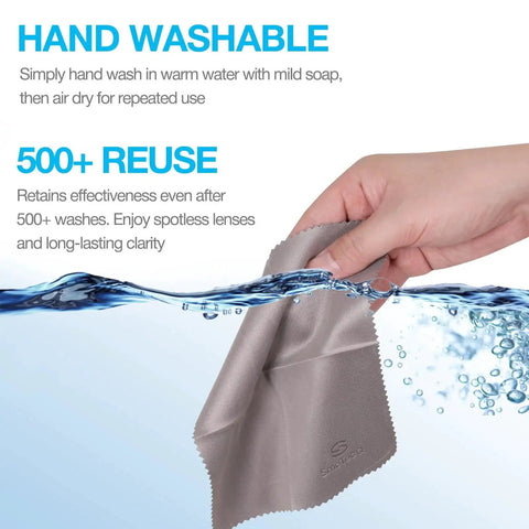 Hand washing a grey microfiber cloth from 32 Pack Microfiber Cloths For Glasses And Screens Individually Wrapped Lint Free