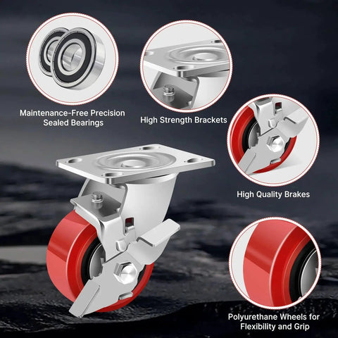 4 Inch Heavy Duty Industrial Polyurethane Casters Set Of 4 With Dual Ball Bearings Solid Polyurethane Wheels 2500 Lb Capacity Plate Swivel Casters For Carts Machines And Equipment Durability shown with brake and sealed bearings