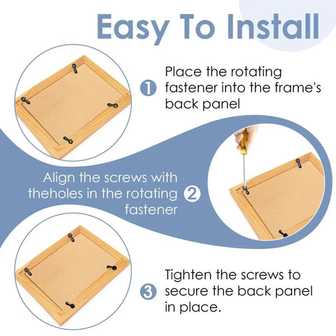 Installation steps for 100 Pcs Metal Picture Frame Turn Button Fasteners with Screws for secure photo wall displays.