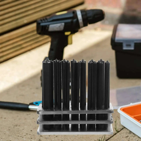 28 Piece Cylindrical Steel Punch Set With Positioning Punches, shown outdoors with drill and toolbox, for DIY and crafting